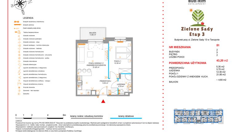 Rzut - Mieszkanie na sprzedaż 2 pokoje o powierzchni 43,2 m² - numer 51 w Zielone Sady etap III B2