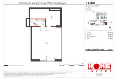 Rzut - Lokal użytkowy na sprzedaż 1 pokój o powierzchni 58,99 m² - numer E1-U01 w Warszawski Świt etap X
