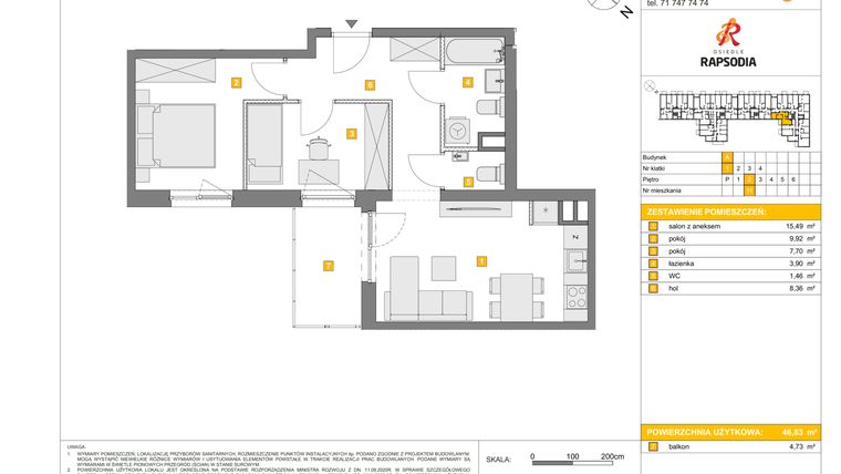 Rzut - Mieszkanie na sprzedaż 3 pokoje o powierzchni 46,83 m² - numer A.11 w Osiedle Rapsodia