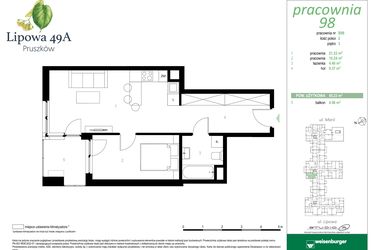 Rzut - Mieszkanie na sprzedaż 2 pokoje o powierzchni 45,23 m² - numer 98B w Lipowa 49A - Apartamenty inwestycyjne