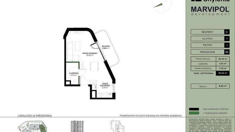 Rzut - Mieszkanie na sprzedaż 1 pokój o powierzchni 33,23 m² - numer C-1-02 w Nowa Chylonia