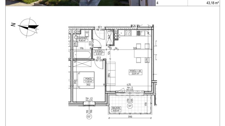 Rzut - Mieszkanie na sprzedaż 2 pokoje o powierzchni 43,18 m² - numer M.B7.02.17 w Osiedle Harmonia bud. B7