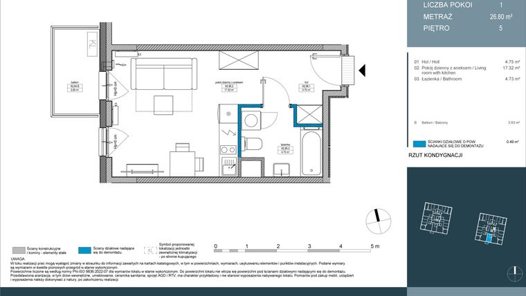 Rzut - Mieszkanie na sprzedaż 1 pokój o powierzchni 26,8 m² - numer 95 w Nordic Górka Narodowa