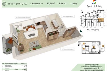 Rzut - Mieszkanie na sprzedaż 1 pokój o powierzchni 35,24 m² - numer B1.M19 w Tutaj Bunscha