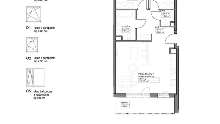 Rzut - Mieszkanie na sprzedaż 3 pokoje o powierzchni 64,23 m² - numer B.2.5.4 w Optima VIII