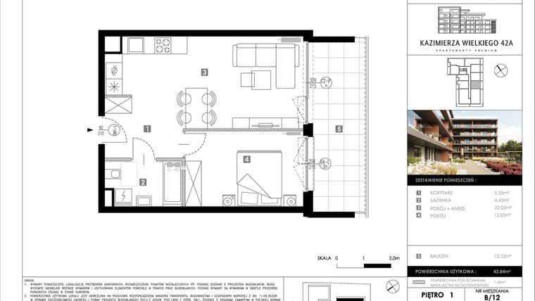 Rzut - Mieszkanie na sprzedaż 2 pokoje o powierzchni 43,84 m² - numer B12 w Kazimierza Wielkiego 42A etap II
