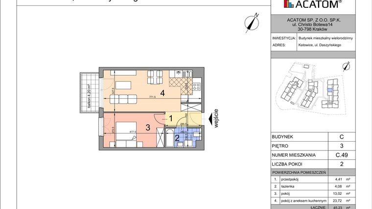 Rzut - Mieszkanie na sprzedaż 2 pokoje o powierzchni 45,31 m² - numer C49 w Daszyńskiego Park