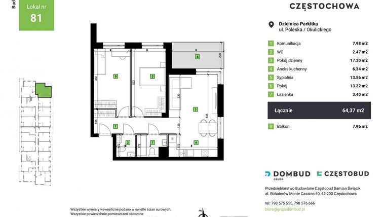 Rzut - Mieszkanie na sprzedaż 3 pokoje o powierzchni 64,37 m² - numer A1-81 w Nowa Częstochowa