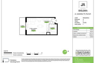 Rzut - Mieszkanie na sprzedaż 1 pokój o powierzchni 33,65 m² - numer A.3.33 w JA_SIELSKA V