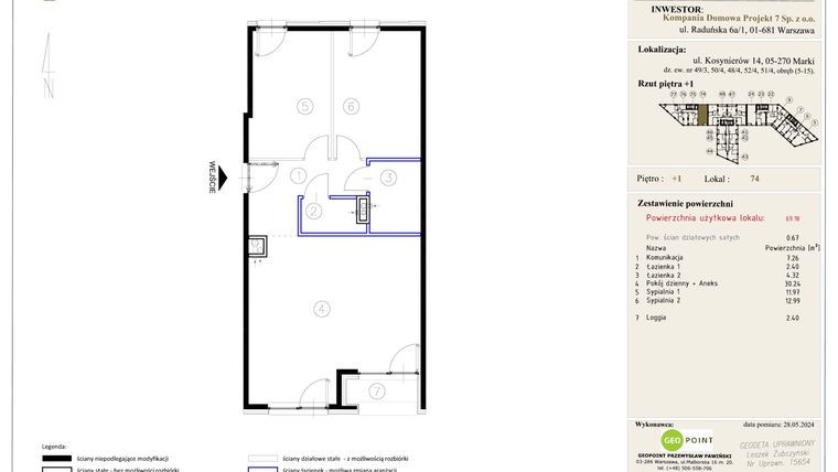 Rzut - Mieszkanie na sprzedaż 3 pokoje o powierzchni 69,18 m² - numer 74 w Markowy Targówek