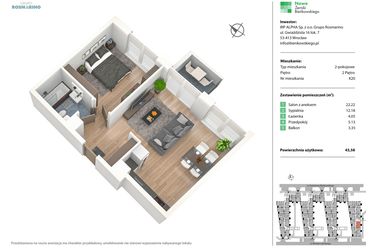 Rzut - Mieszkanie na sprzedaż 2 pokoje o powierzchni 43,58 m² - numer K20 w Nowe Żerniki Bieńkowskiego etap II