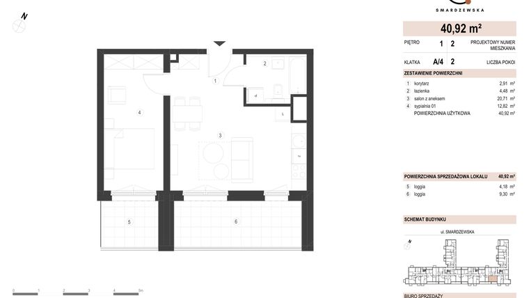 Rzut - Mieszkanie na sprzedaż 2 pokoje o powierzchni 40,92 m² - numer A/4/1.2 w Smardzewska 8