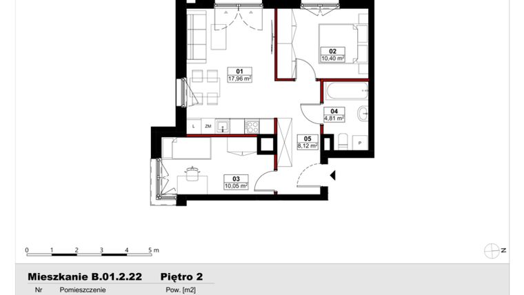 Rzut - Mieszkanie na sprzedaż 2 pokoje o powierzchni 51,34 m² - numer B01.2.22 w Skwer Witosa