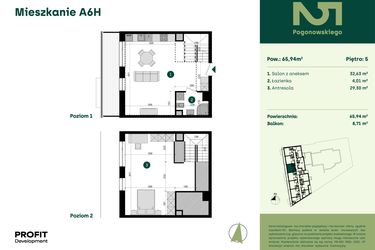 Rzut - Mieszkanie na sprzedaż 1 pokój o powierzchni 65,94 m² - numer POGO2/A/6H w Pogonowskiego 52