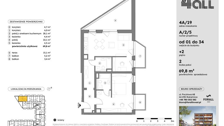 Rzut - Mieszkanie na sprzedaż 2 pokoje o powierzchni 69,66 m² - numer A/2/5 w Osiedle Mateckiego 4ALL