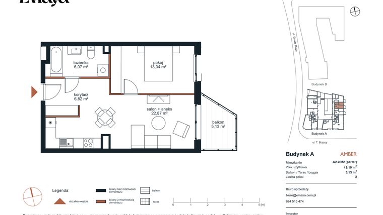 Rzut - Mieszkanie na sprzedaż 2 pokoje o powierzchni 49,1 m² - numer A2.0.M2 w EMaya
