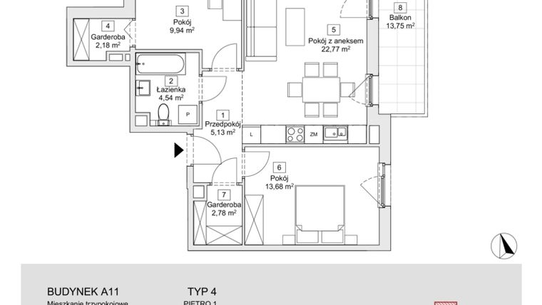 Rzut - Mieszkanie na sprzedaż 3 pokoje o powierzchni 61,02 m² - numer A11.1.1 w Zacisze Marcelin IIIa