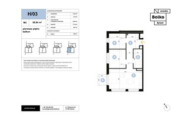 Rzut - Mieszkanie na sprzedaż 3 pokoje o powierzchni 60,84 m² - numer H/03 w Osiedle Bolko etap II