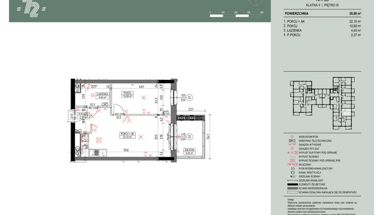 Rzut - Mieszkanie na sprzedaż 2 pokoje o powierzchni 39,86 m² - numer 66 w Wspólnota Mieszkaniowa Gajowa 72