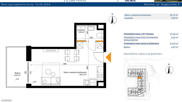Rzut - Mieszkanie na sprzedaż 1 pokój o powierzchni 27,69 m² - numer 2.01 w The Blue
