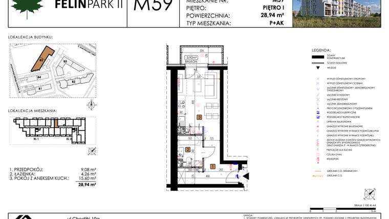 Rzut - Mieszkanie na sprzedaż 1 pokój o powierzchni 28,94 m² - numer M59 w Felin Park II etap 2