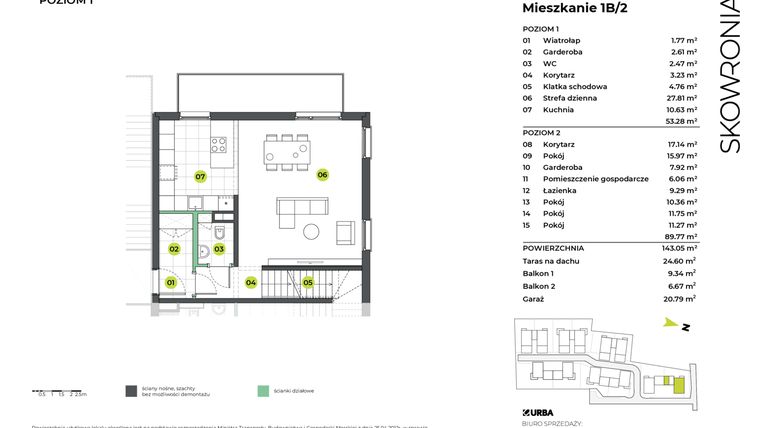 Rzut - Mieszkanie na sprzedaż 5 pokoi o powierzchni 143,05 m² - numer 1BL/2 w Skowronia