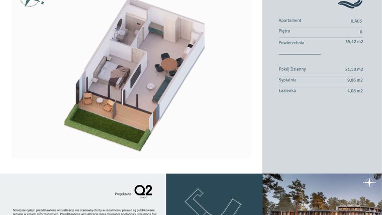 Rzut - Mieszkanie na sprzedaż 2 pokoje o powierzchni 35,42 m² - numer 0.A03 w Linea Mare - apartamenty inwestycyjne