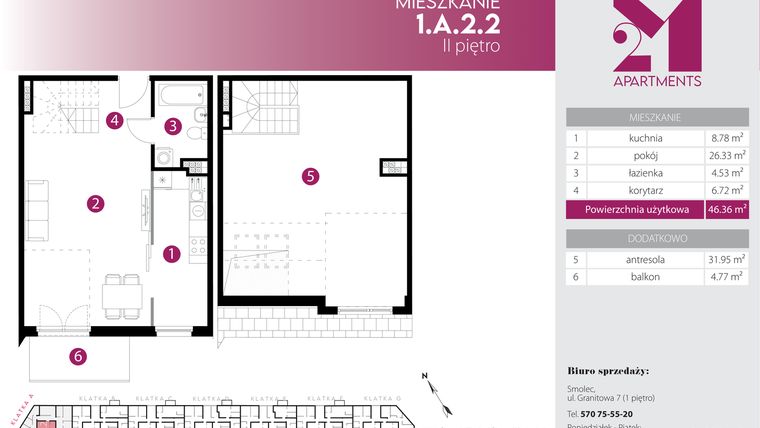 Rzut - Mieszkanie na sprzedaż 2 pokoje o powierzchni 78,31 m² - numer 1.A.2.2 w Maślice Wrocław Milo Dobry Deweloper etap IV