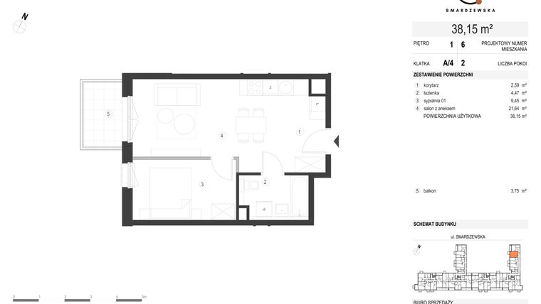 Rzut - Mieszkanie na sprzedaż 2 pokoje o powierzchni 38,15 m² - numer A/4/1.6 w Smardzewska 8