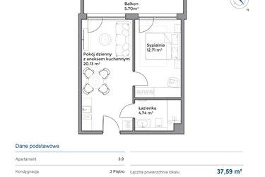 Rzut - Mieszkanie na sprzedaż 2 pokoje o powierzchni 37,59 m² - numer B.3.9 w Anchoria Holiday