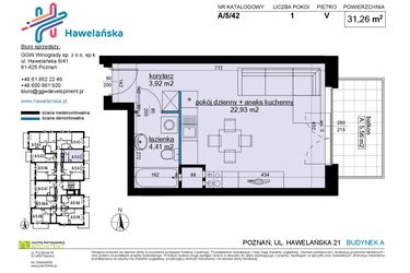 Rzut - Mieszkanie na sprzedaż 1 pokój o powierzchni 31,43 m² - numer A/5/42 w Osiedle Hawelańska etap III - bud. A