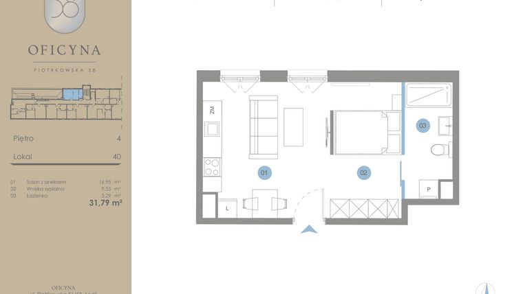 Rzut - Mieszkanie na sprzedaż 1 pokój o powierzchni 31,79 m² - numer 40 w Oficyna - mieszkania