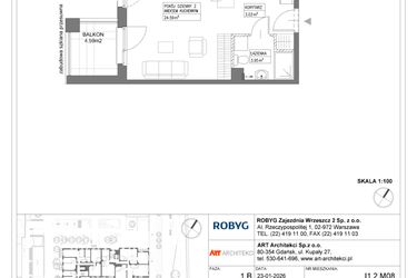 Rzut - Mieszkanie na sprzedaż 1 pokój o powierzchni 31,57 m² - numer I1.2M08 w Nowa Wałowa bud. I1