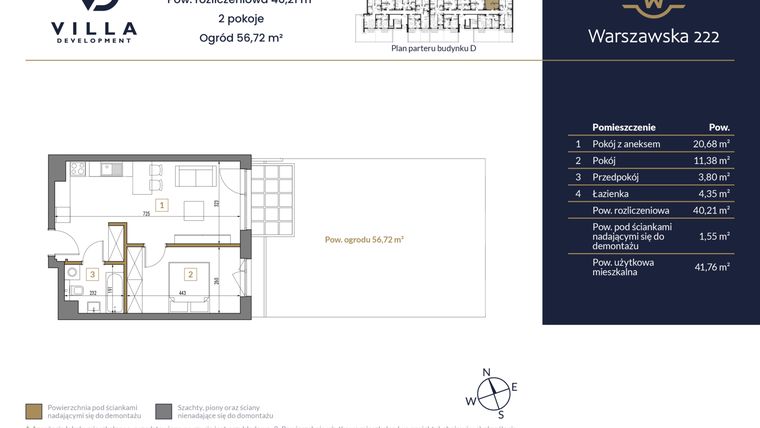 Rzut - Mieszkanie na sprzedaż 2 pokoje o powierzchni 40,21 m² - numer 6 w Warszawska 222 bud. D
