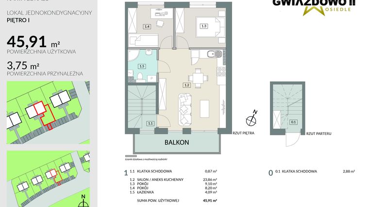 Rzut - Mieszkanie na sprzedaż 3 pokoje o powierzchni 49,66 m² - numer D6.2 w Gwiazdowo II