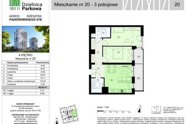 Rzut - Mieszkanie na sprzedaż 3 pokoje o powierzchni 68,02 m² - numer 20/B7 w Dzielnica Parkowa VII