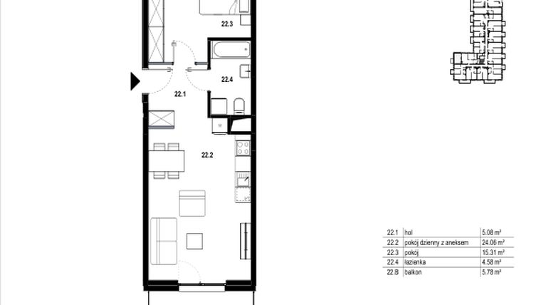 Rzut - Mieszkanie na sprzedaż 2 pokoje o powierzchni 49,03 m² - numer C3.22 w Osiedle Mozaika