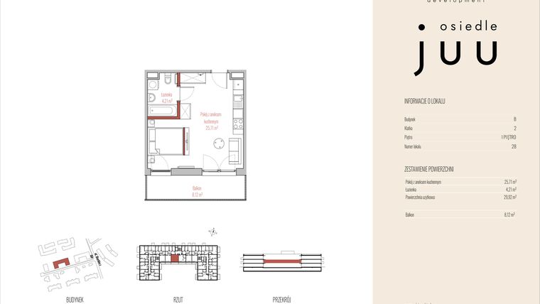 Rzut - Mieszkanie na sprzedaż 1 pokój o powierzchni 29,92 m² - numer B.M028 w Osiedle Juu