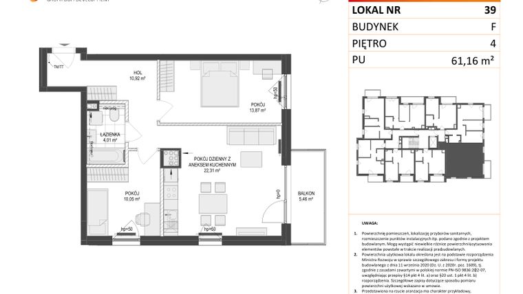 Rzut - Mieszkanie na sprzedaż 3 pokoje o powierzchni 61,16 m² - numer F.39 w Osiedle Warszawska