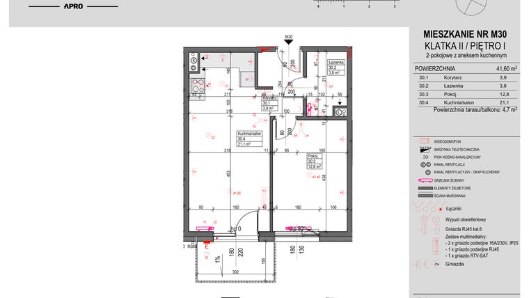 Rzut - Mieszkanie na sprzedaż 2 pokoje o powierzchni 41,6 m² - numer 30 w Antczaka 46