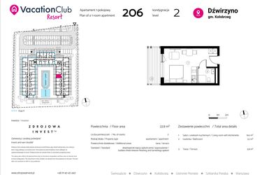 Rzut - Mieszkanie na sprzedaż 1 pokój o powierzchni 22,8 m² - numer 206 w VacationClub Resort