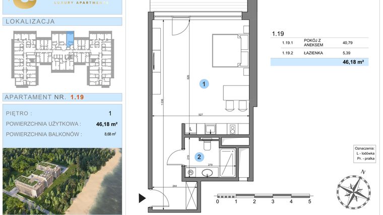 Rzut - Mieszkanie na sprzedaż 1 pokój o powierzchni 46,18 m² - numer 1.19 w Ustronie Luxury Apartments