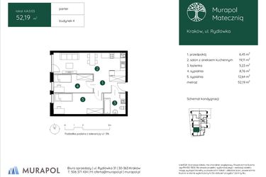 Rzut - Mieszkanie na sprzedaż 3 pokoje o powierzchni 52,19 m² - numer 4.A.0.03 w Murapol Mateczniq bud. 4