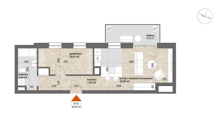 Rzut - Mieszkanie na sprzedaż 1 pokój o powierzchni 45,42 m² - numer 32 w Apartamenty Śródmieście