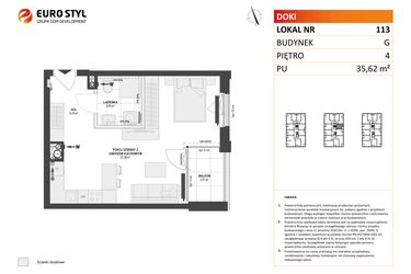 Rzut - Mieszkanie na sprzedaż 1 pokój o powierzchni 35,62 m² - numer G.113 w DOKI etap II (bud. G)