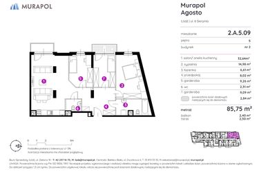 Rzut - Mieszkanie na sprzedaż 2 pokoje o powierzchni 85,51 m² - numer 2.A.5.09 w Murapol Agosto