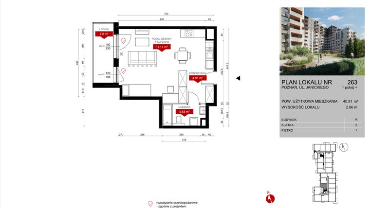 Rzut - Mieszkanie na sprzedaż 1 pokój o powierzchni 40,93 m² - numer K.263 w Wieża Jeżyce etap V