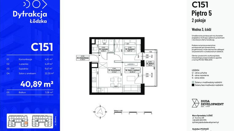 Rzut - Mieszkanie na sprzedaż 2 pokoje o powierzchni 40,89 m² - numer C151 w Dyfrakcja Łódzka - bud. CD