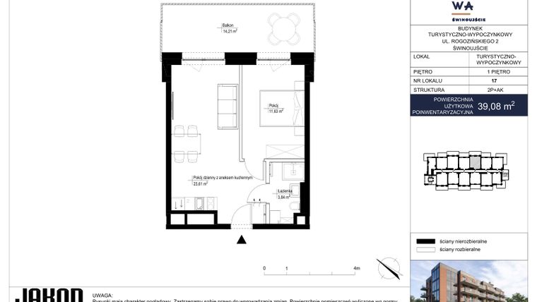 Rzut - Mieszkanie na sprzedaż 2 pokoje o powierzchni 39,08 m² - numer 17 w Jachtowa