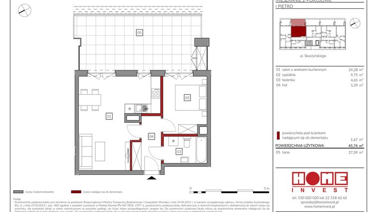 Rzut - Mieszkanie na sprzedaż 2 pokoje o powierzchni 45,74 m² - numer M03 w Rezydencja Ochota
